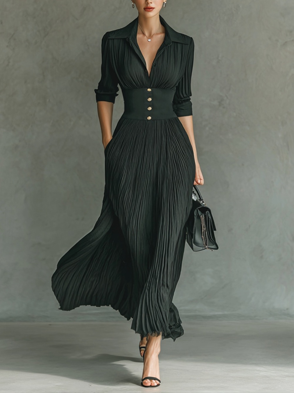 MODESEES Women's Solid Color Pleated Lapel Waist Long Sleeve Maxi Dress